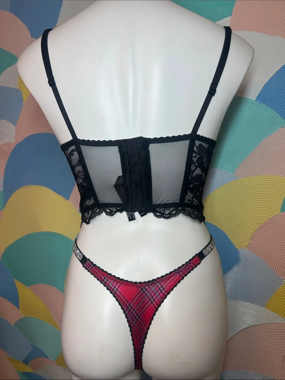 Victoria's Secret Red Plaid Lace Longline Bustier & Thong Set sz s 34B